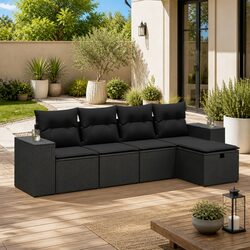 Stylish 5 Piece Black Garden Sofa Set with Cushions