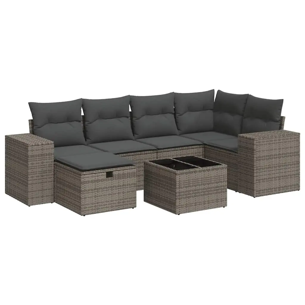 7 Piece Outdoor Garden Sofa Set Grey Poly Rattan Patio Furniture with Cushions
