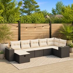 Garden Sofa Set 7 Piece Outdoor Furniture Black Poly Rattan Patio Lounger with