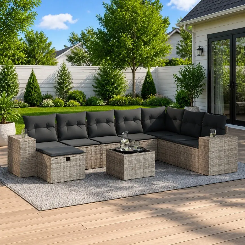 Garden Sofa Set 9 Piece Outdoor Furniture Grey Poly Rattan Patio Lounge