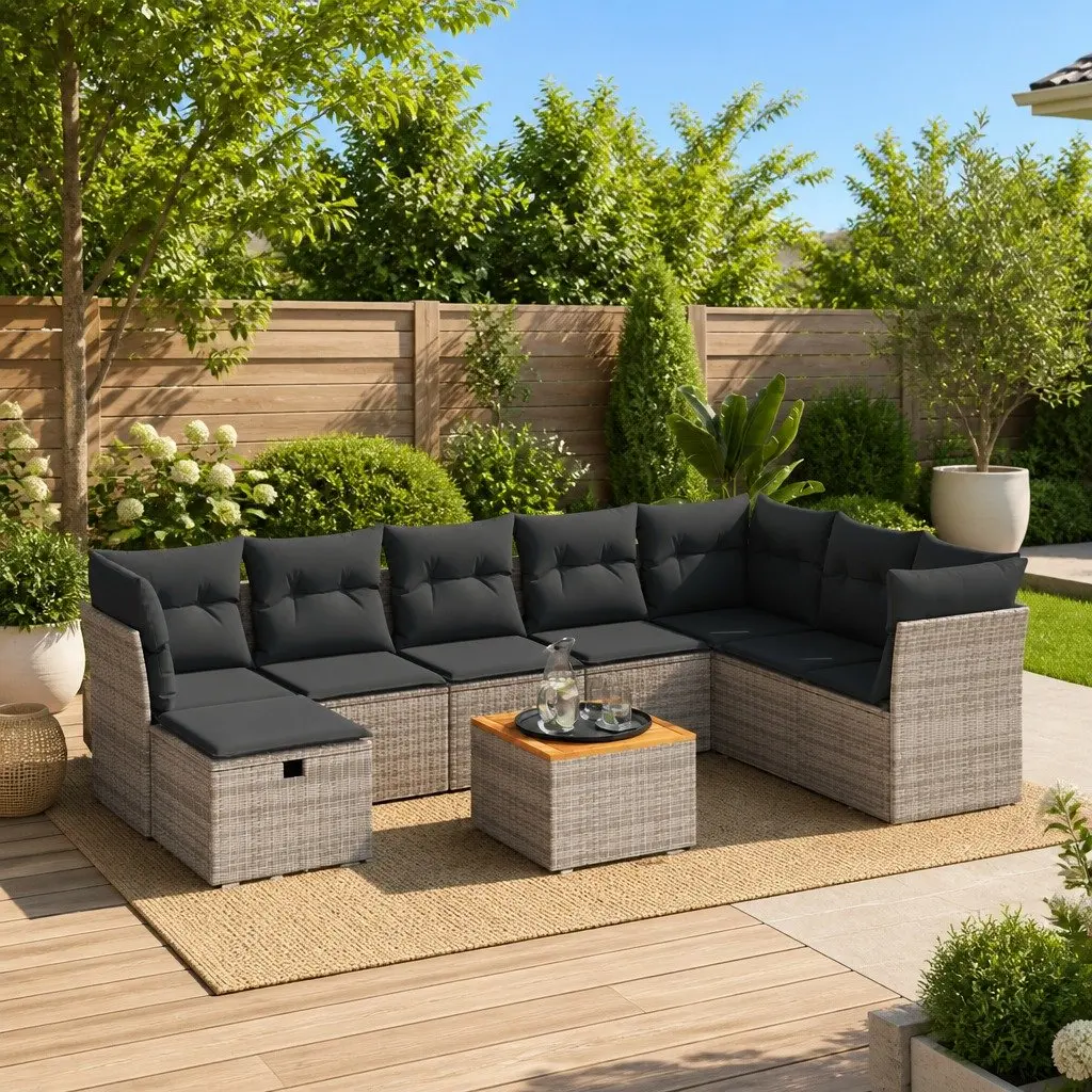 Garden Sofa Set Modular Outdoor Furniture 9 Piece Grey Poly Rattan