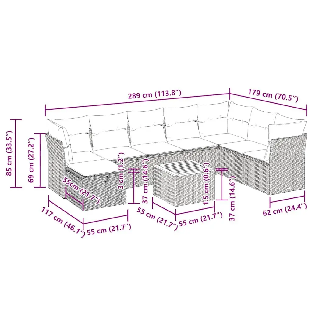 Garden Sofa Set Modular Outdoor Furniture 9 Piece Grey Poly Rattan