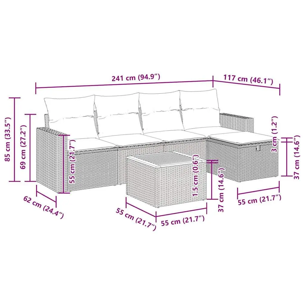 Garden Sofa Set 6 Piece Outdoor Furniture Grey Poly Rattan Modular Patio Lounge