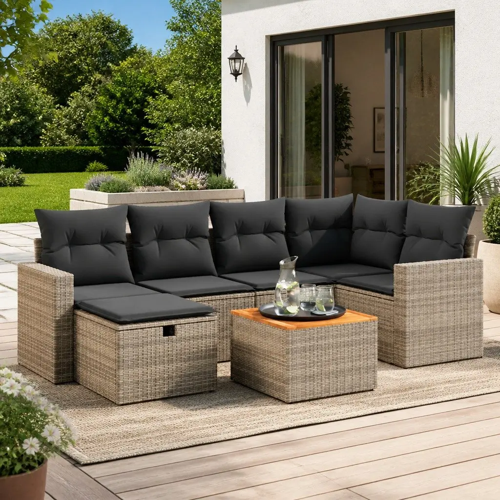Garden Sofa Set 7 Piece Outdoor Furniture Grey Poly Rattan Patio Sectional