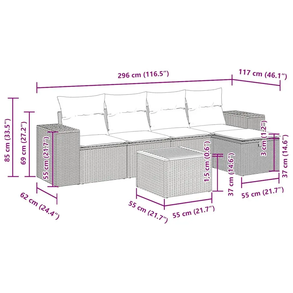 Garden Sofa Set 6 Piece Outdoor Furniture Modular Grey Rattan with Cushions