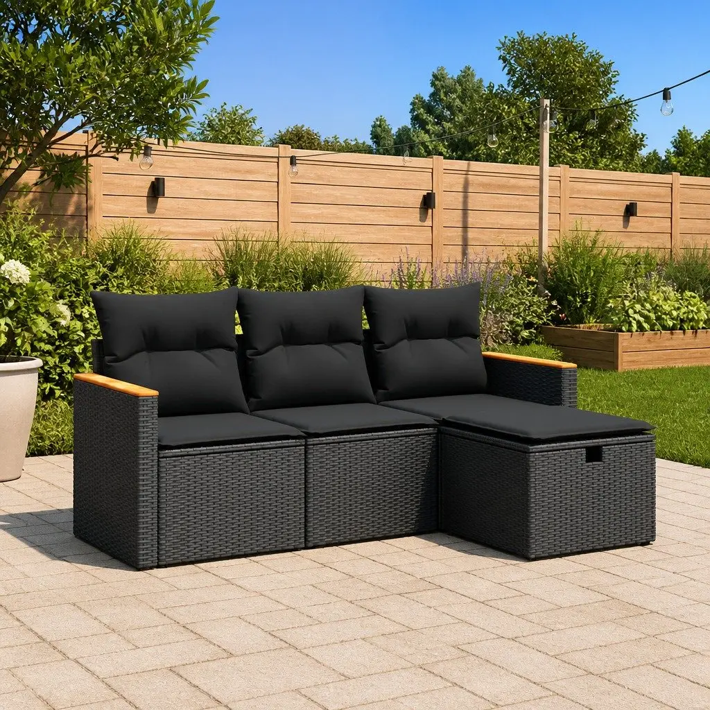 Garden Sofa Set Outdoor Furniture 4 Piece Modular Black PE Rattan with Cushions