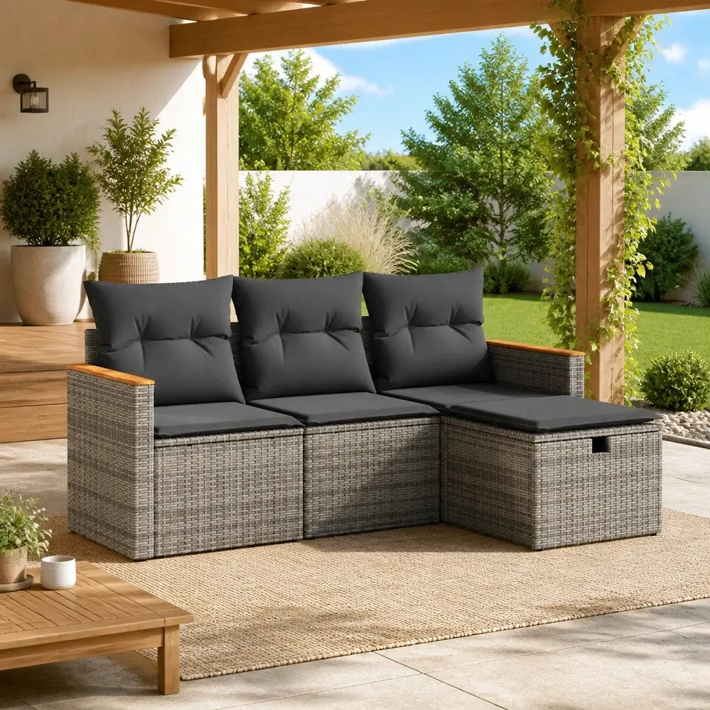 Garden Sofa Set 4 Piece Outdoor Furniture Modular Grey Poly Rattan with Cushions