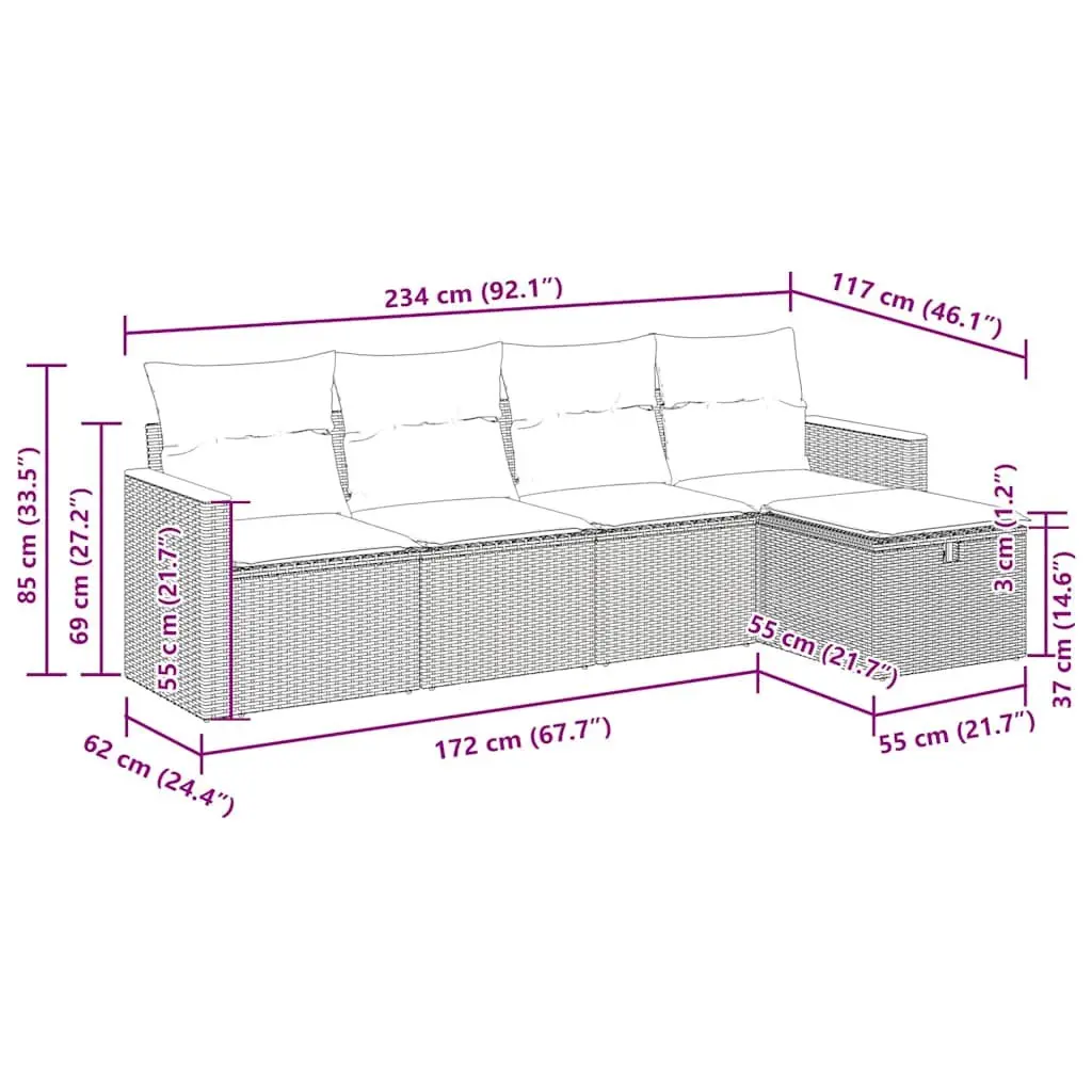 Garden Sofa Set 5 Piece Outdoor Furniture Black Poly Rattan Patio Lounge