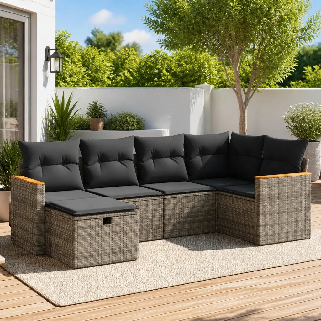 Garden Sofa Set 6 Piece Modular Outdoor Furniture Grey Poly Rattan with Cushions