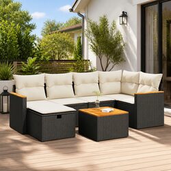 Garden Sofa Set 7 Piece Outdoor Furniture Black Poly Rattan Modular Patio