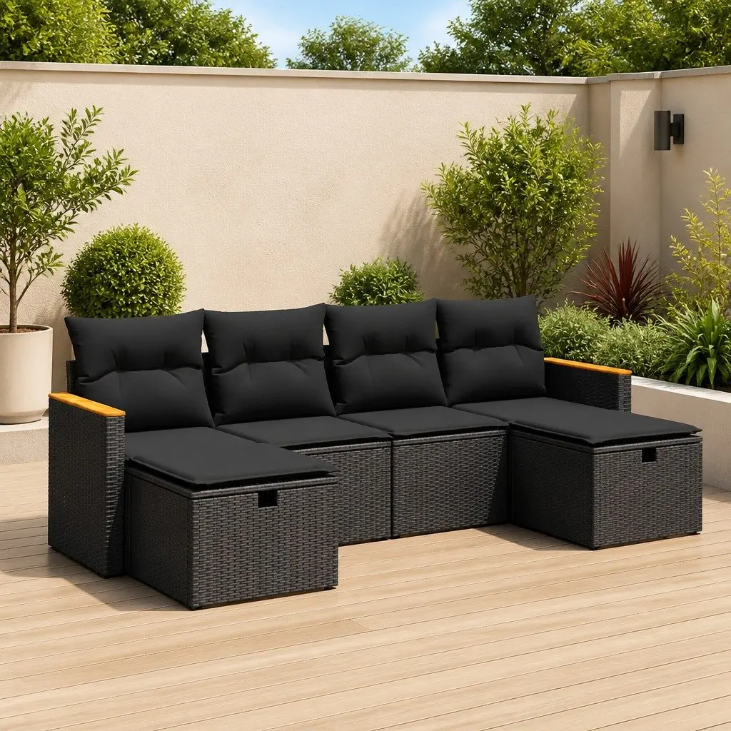 Outdoor Furniture Set 6 Piece Garden Sofa Black PE Rattan with Cushions for Patio and Backyard Relaxation