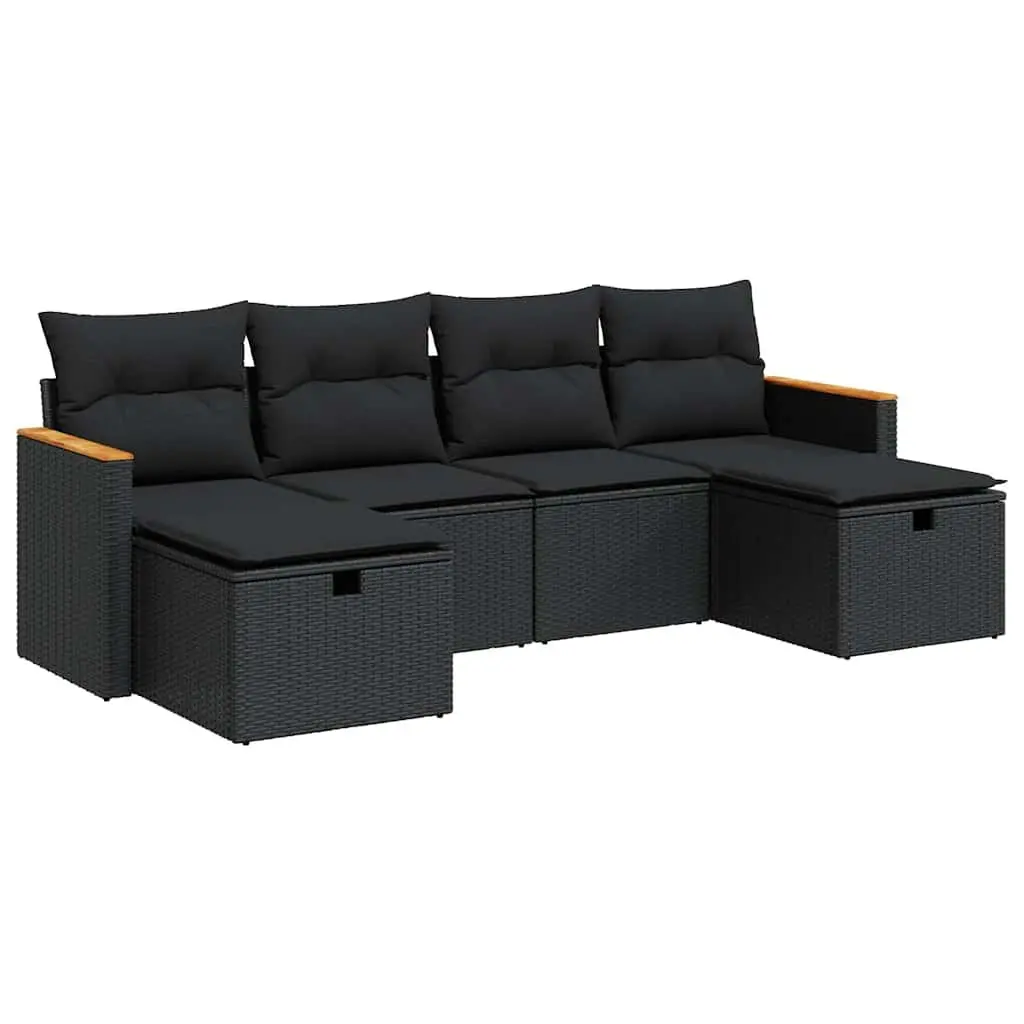 Outdoor Furniture Set 6 Piece Garden Sofa Black PE Rattan with Cushions for Patio and Backyard Relaxation