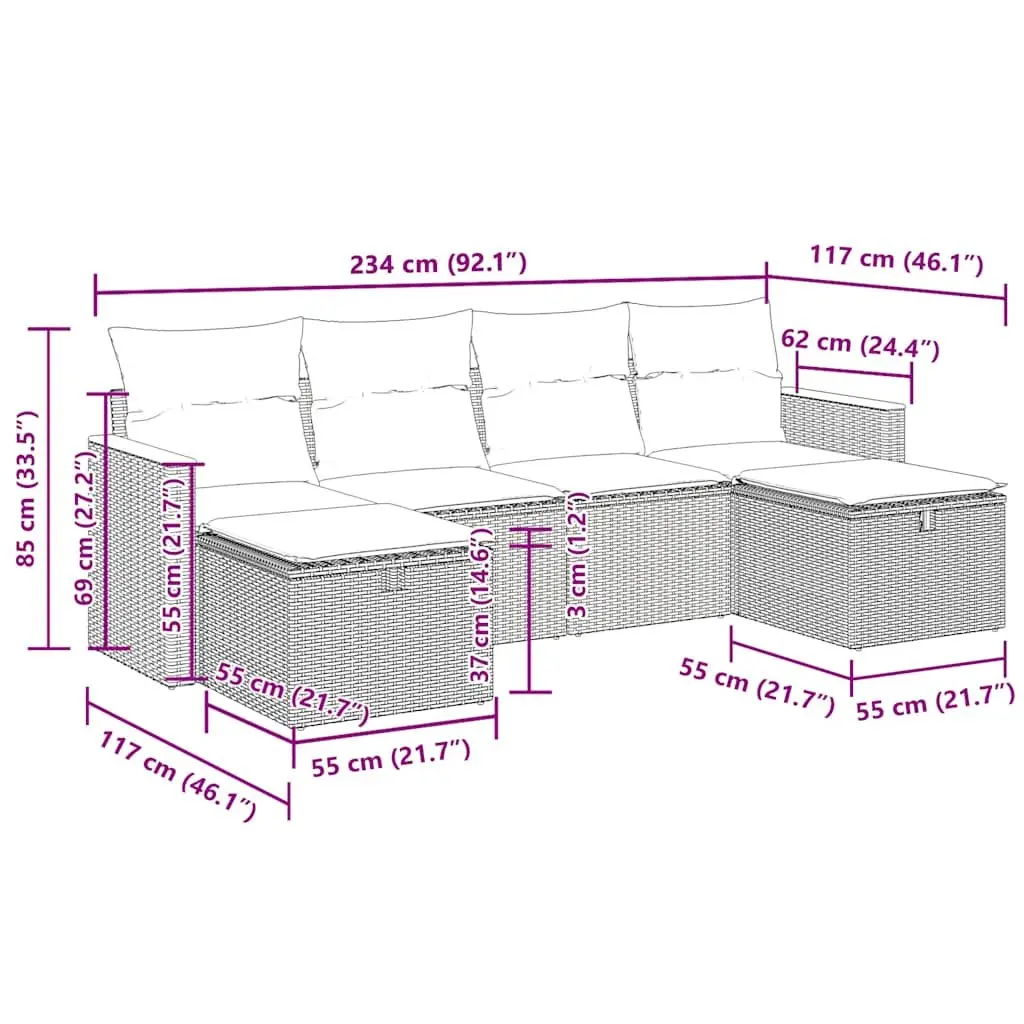 Outdoor Furniture Set 6 Piece Garden Sofa Black PE Rattan with Cushions for Patio and Backyard Relaxation