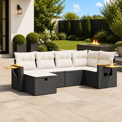 Garden Sofa Set 6 Piece Outdoor Furniture with Storage Cushions Black Poly