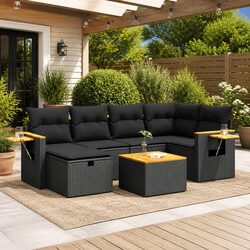 7 Piece Garden Sofa Set Black Poly Rattan Outdoor Furniture with Cushions