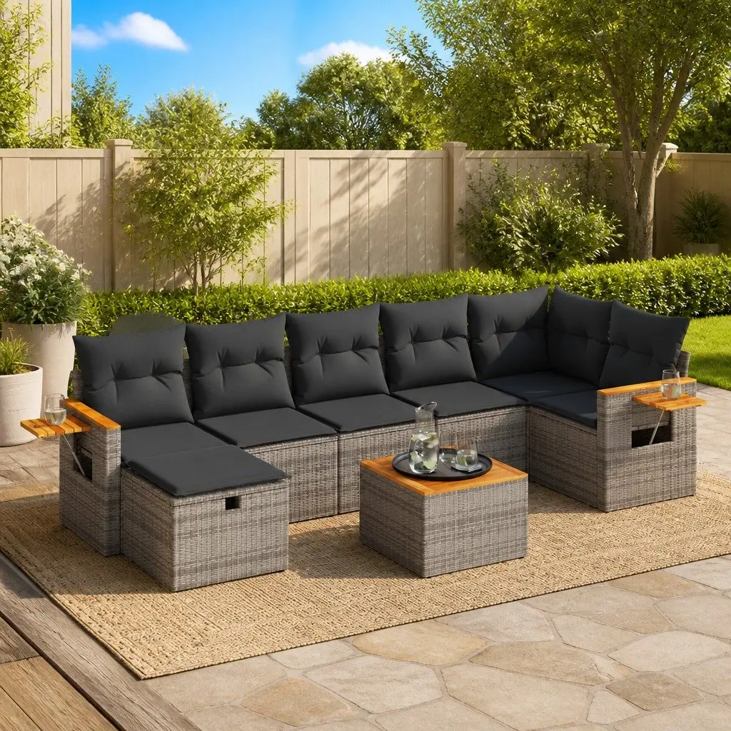 Garden Sofa Set 8 Piece Grey Outdoor Furniture with Cushions Poly Rattan