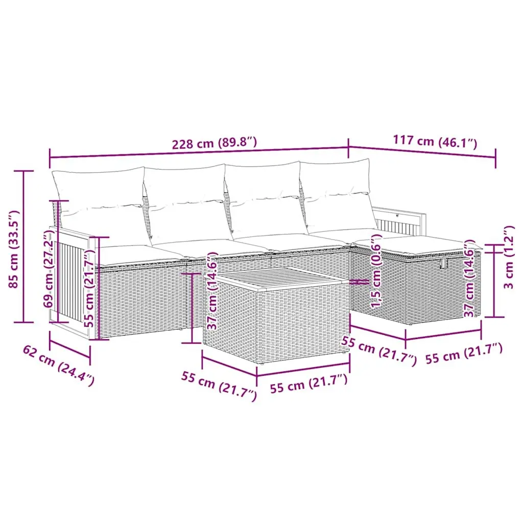 Garden Sofa Set 6 Piece Grey Outdoor Furniture with Storage Cushions