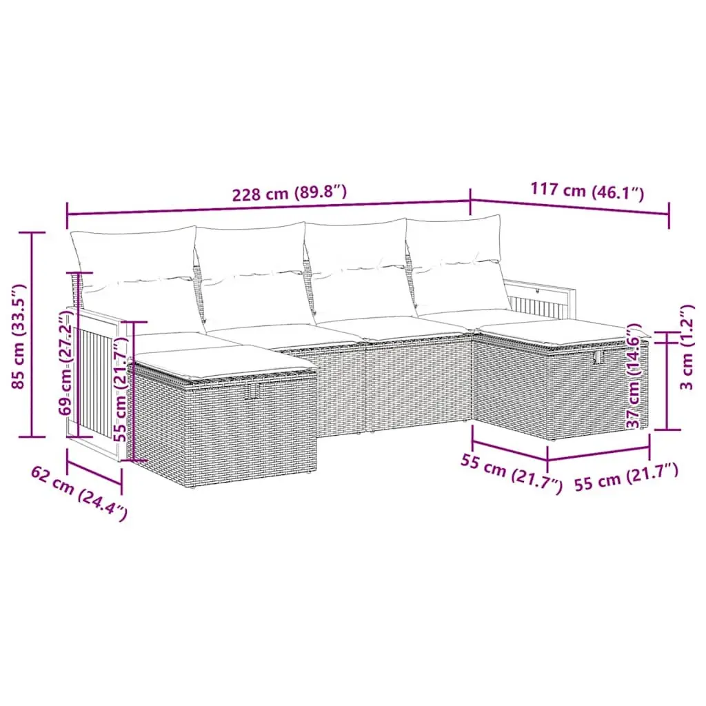Garden Sofa Set Outdoor Patio Furniture 6 Piece Black Poly Rattan with Cushions