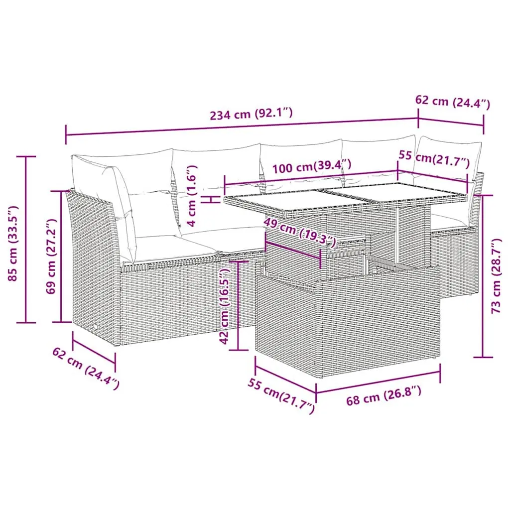 Outdoor Garden Sofa Set 5 Piece Black Poly Rattan Patio Furniture with Cushions