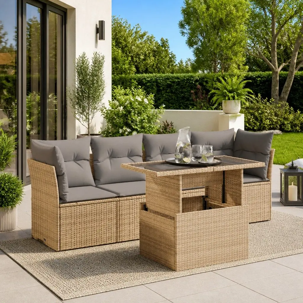Garden Sofa Set 5 Piece Outdoor Patio Furniture Beige Poly Rattan with Storage