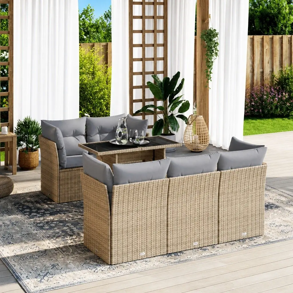 Outdoor Rattan Sofa Set 6 Piece Patio Furniture Beige with Adjustable Table and Storage Function