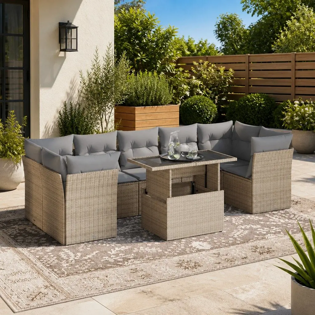 Outdoor Sofa Set 8 Piece Poly Rattan Patio Furniture Beige Seating
