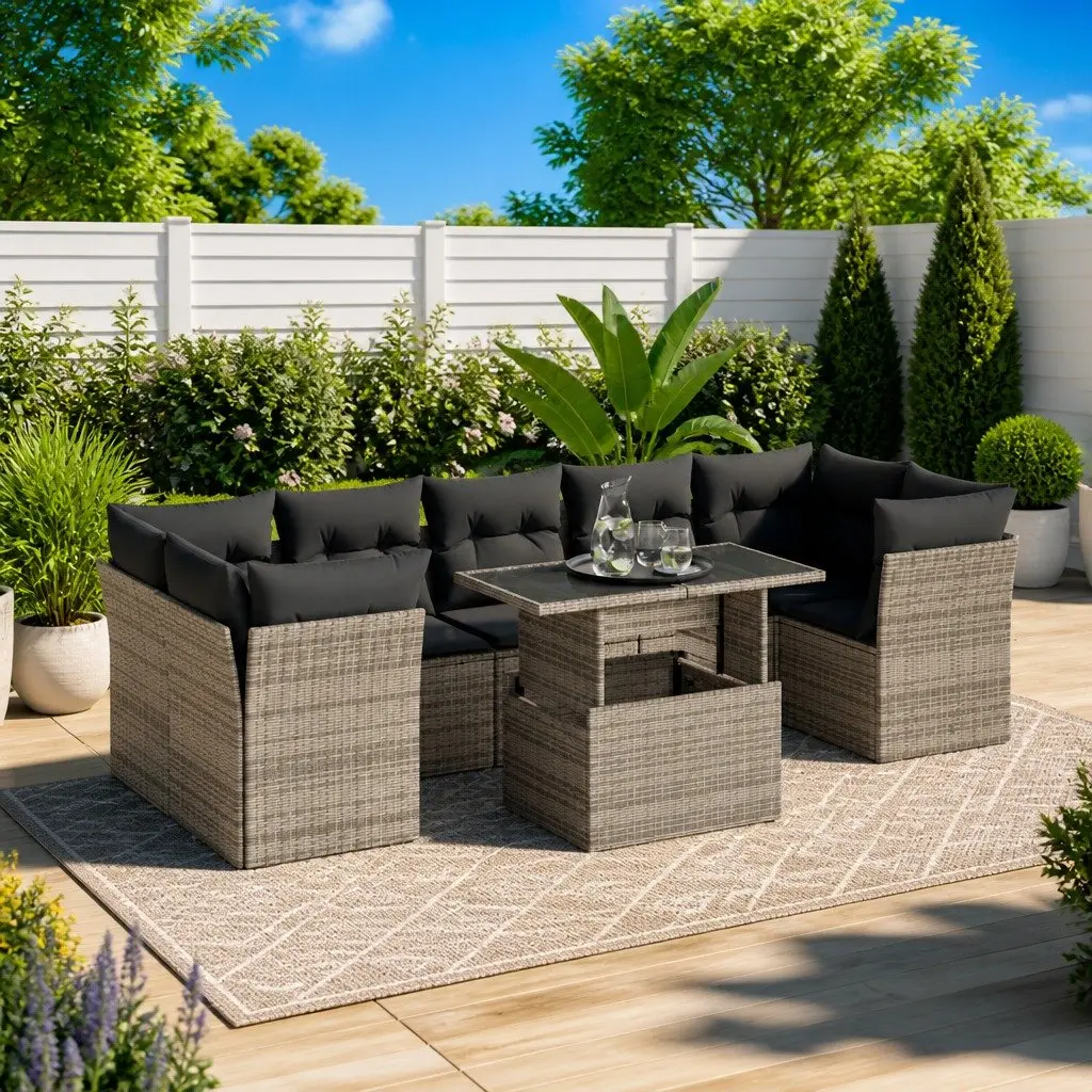 Outdoor Furniture Set Grey 8 Piece Poly Rattan Sofa with Adjustable Table and Storage Compartments