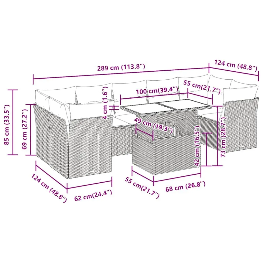 Outdoor Furniture Set Grey 8 Piece Poly Rattan Sofa with Adjustable Table and Storage Compartments