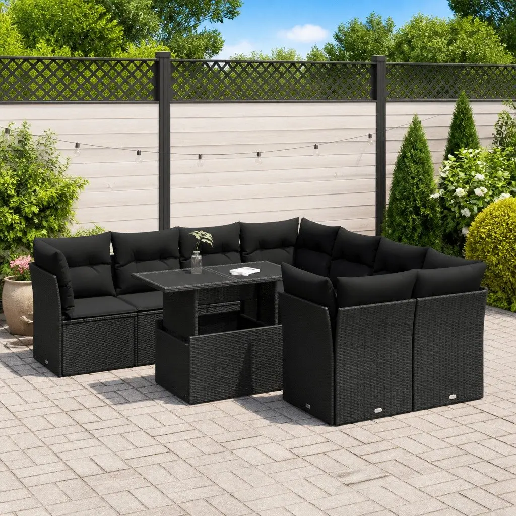 9 Piece Outdoor Furniture Set Black Poly Rattan Garden Sofa with Cushions and Adjustable Table