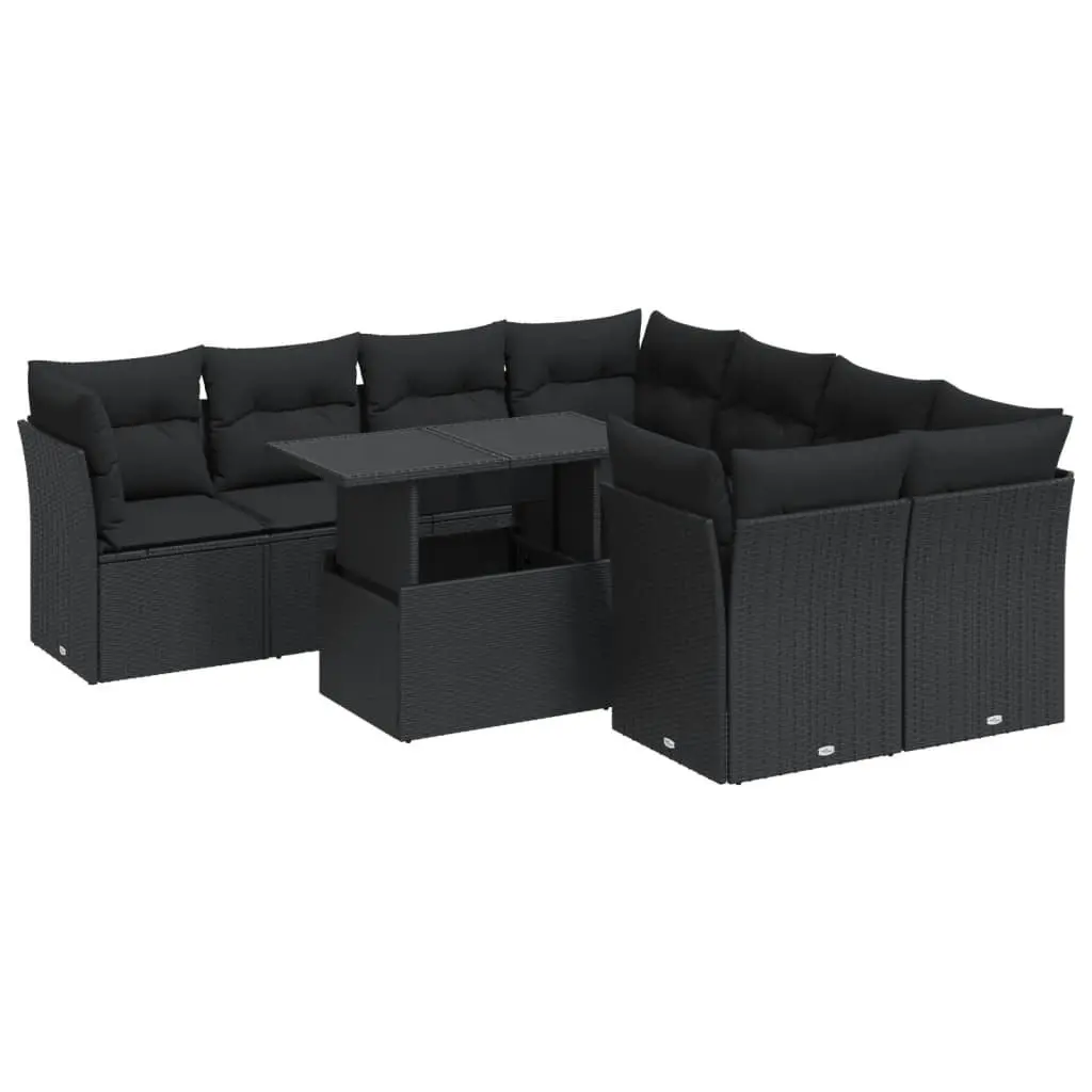 9 Piece Outdoor Furniture Set Black Poly Rattan Garden Sofa with Cushions and Adjustable Table