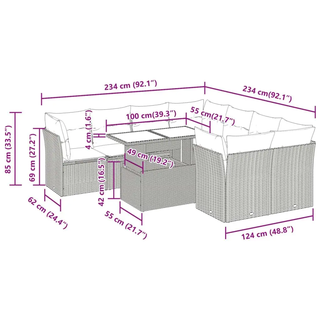 9 Piece Outdoor Furniture Set Black Poly Rattan Garden Sofa with Cushions and Adjustable Table