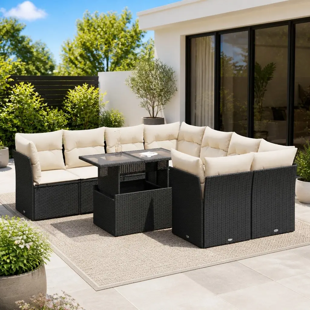 Garden Sofa Set Outdoor Furniture 9 Piece Black Poly Rattan Patio Lounge