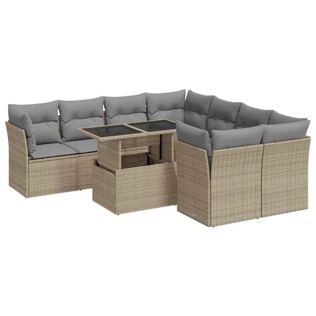 Garden Sofa Set 9 Piece Outdoor Use Beige Poly Rattan Furniture with Storage