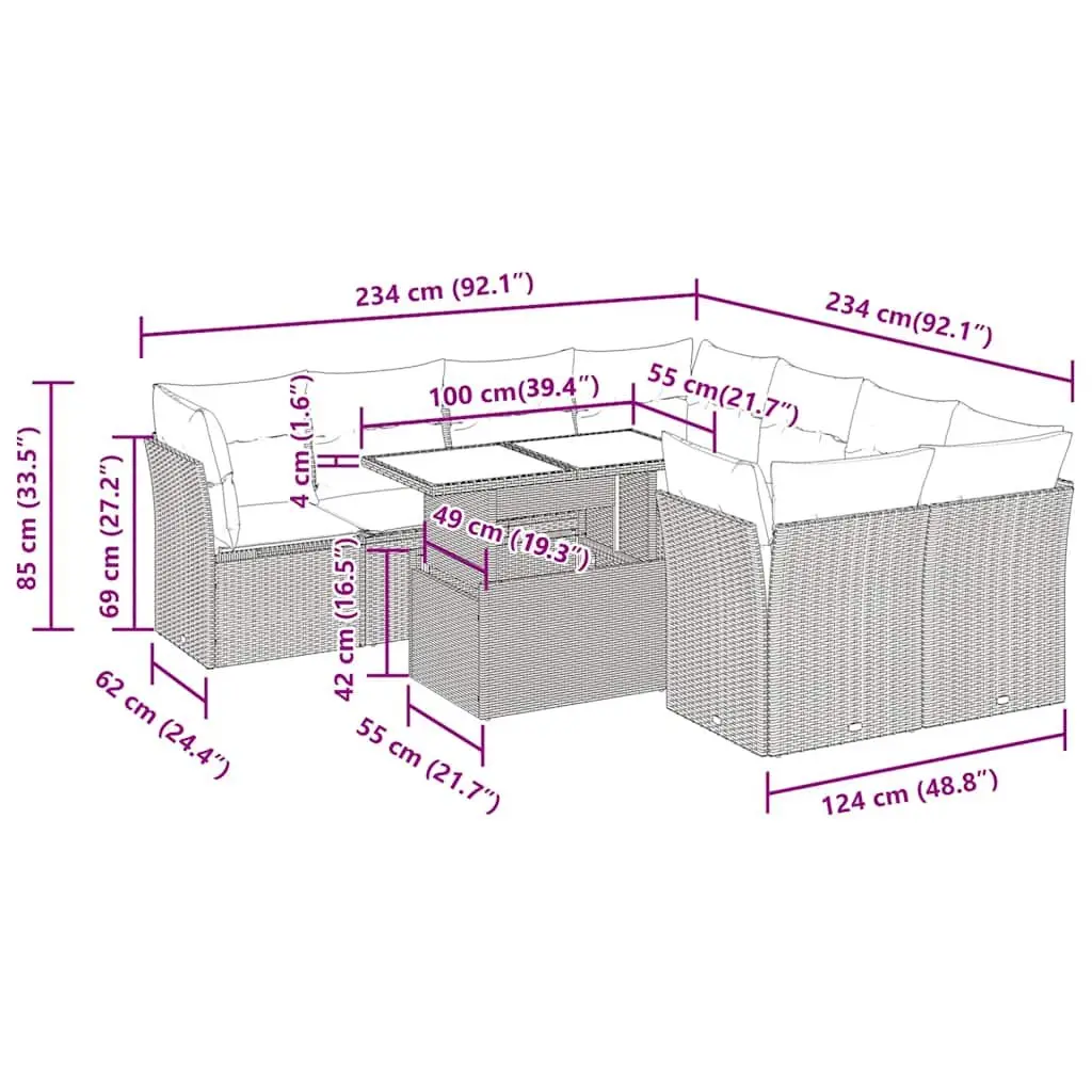 Outdoor Furniture Set 9 Piece Grey Poly Rattan Sofa with Cushions and Storage for Garden Patio