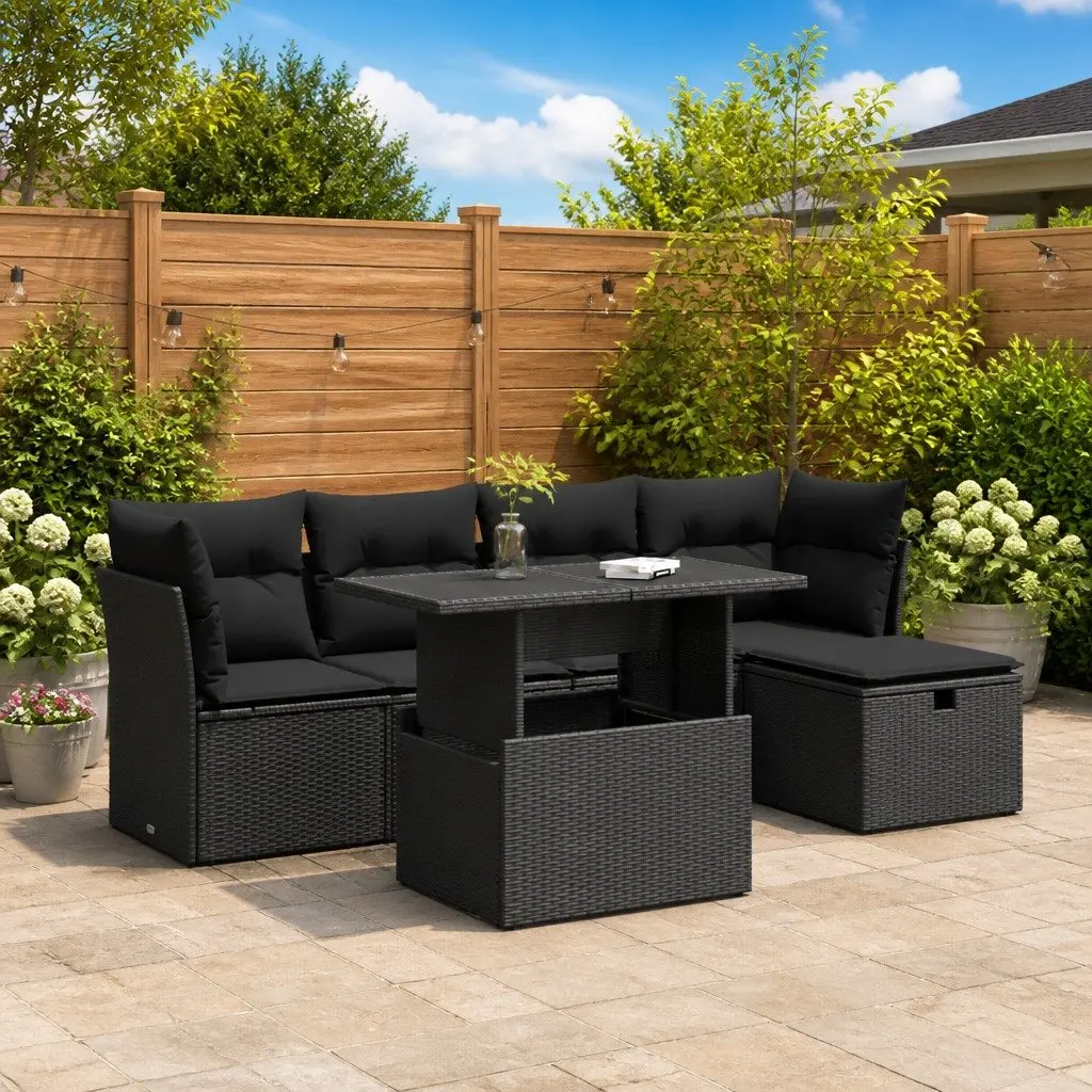 Garden Sofa Set 6 Piece Outdoor Furniture Patio Black Poly Rattan with Cushions