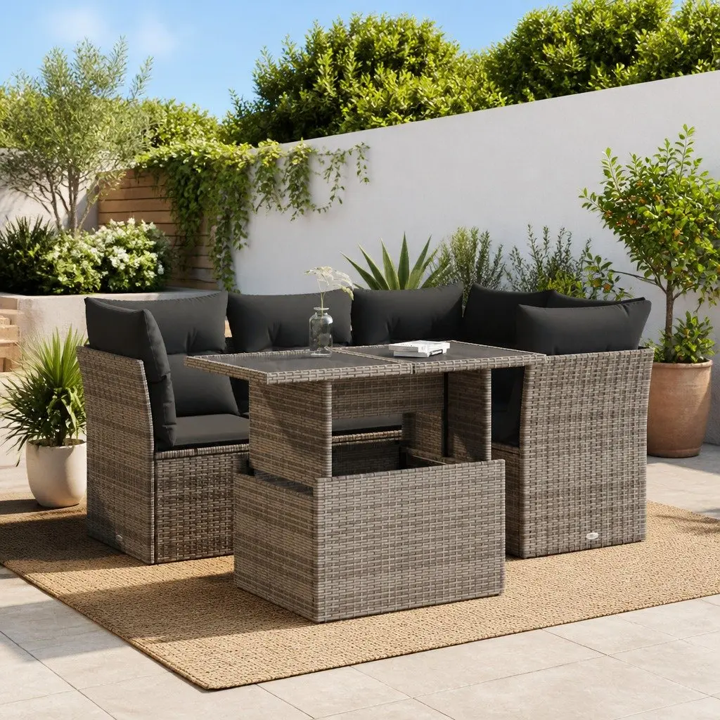 Outdoor Furniture Set Grey Poly Rattan 5 Piece Patio Sofa with Adjustable Table and Storage Function