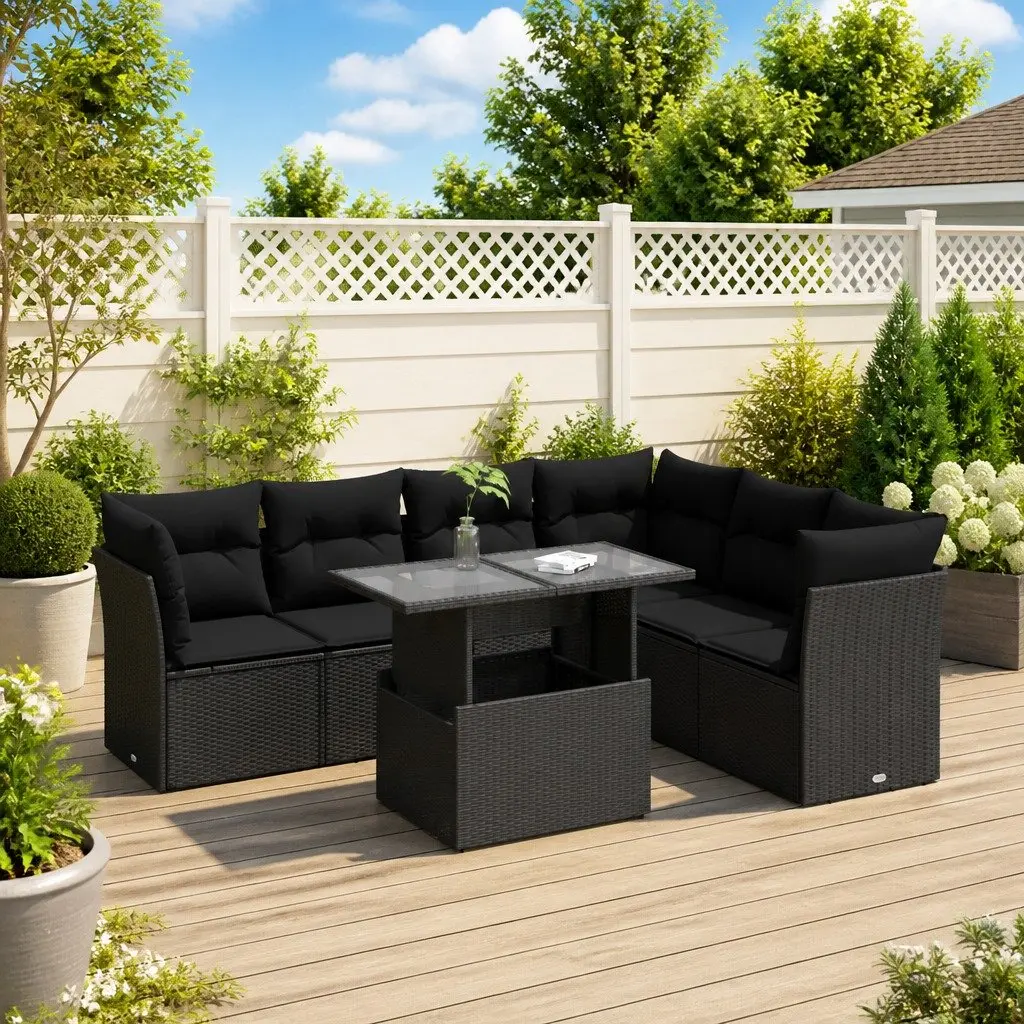 Outdoor Patio Furniture Set 7 Piece Black Poly Rattan Sofa with Cushions