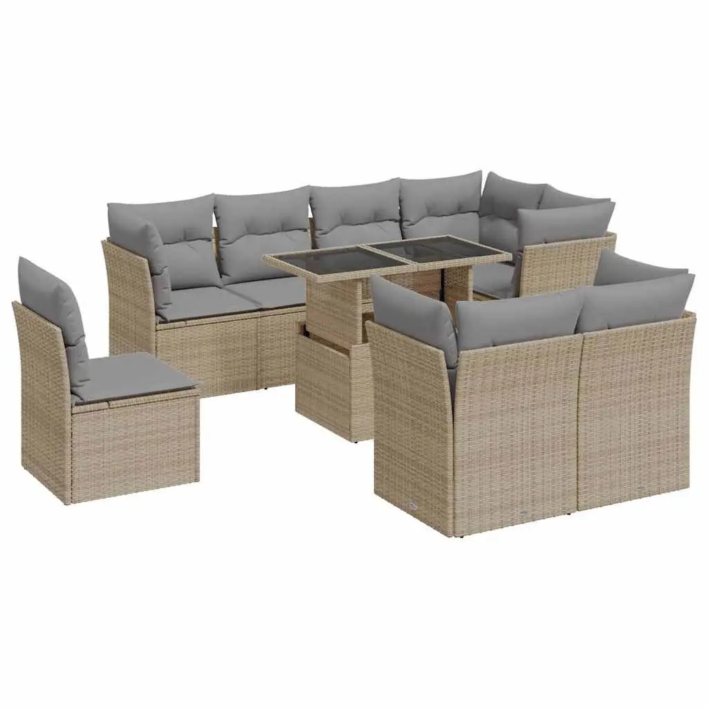 9 Piece Outdoor Sofa Set Garden Patio Furniture Beige Poly Rattan with Cushions