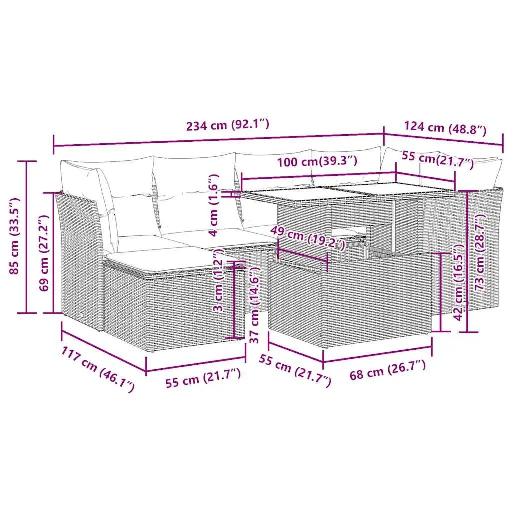 7 Piece Outdoor Patio Sofa Set with Cushions Storage Black Durable Rattan