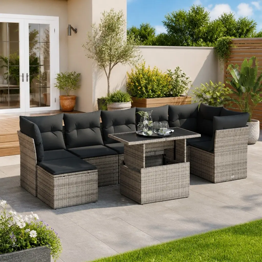 Outdoor Furniture Set 8 Piece Grey Garden Sofa Poly Rattan Lounge with Adjustable Table and Cushions
