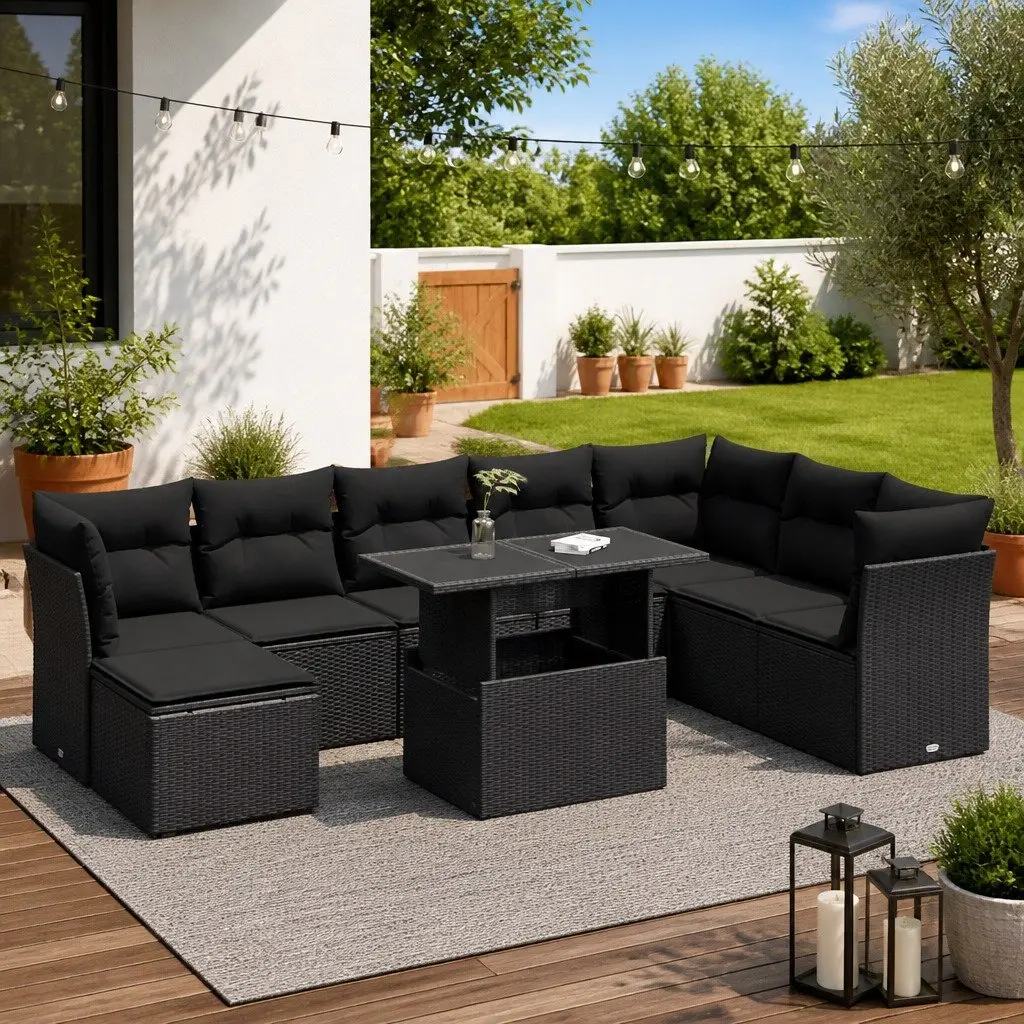 Outdoor Furniture Sofa Set 9 Piece Black Rattan Lounge Patio Seating