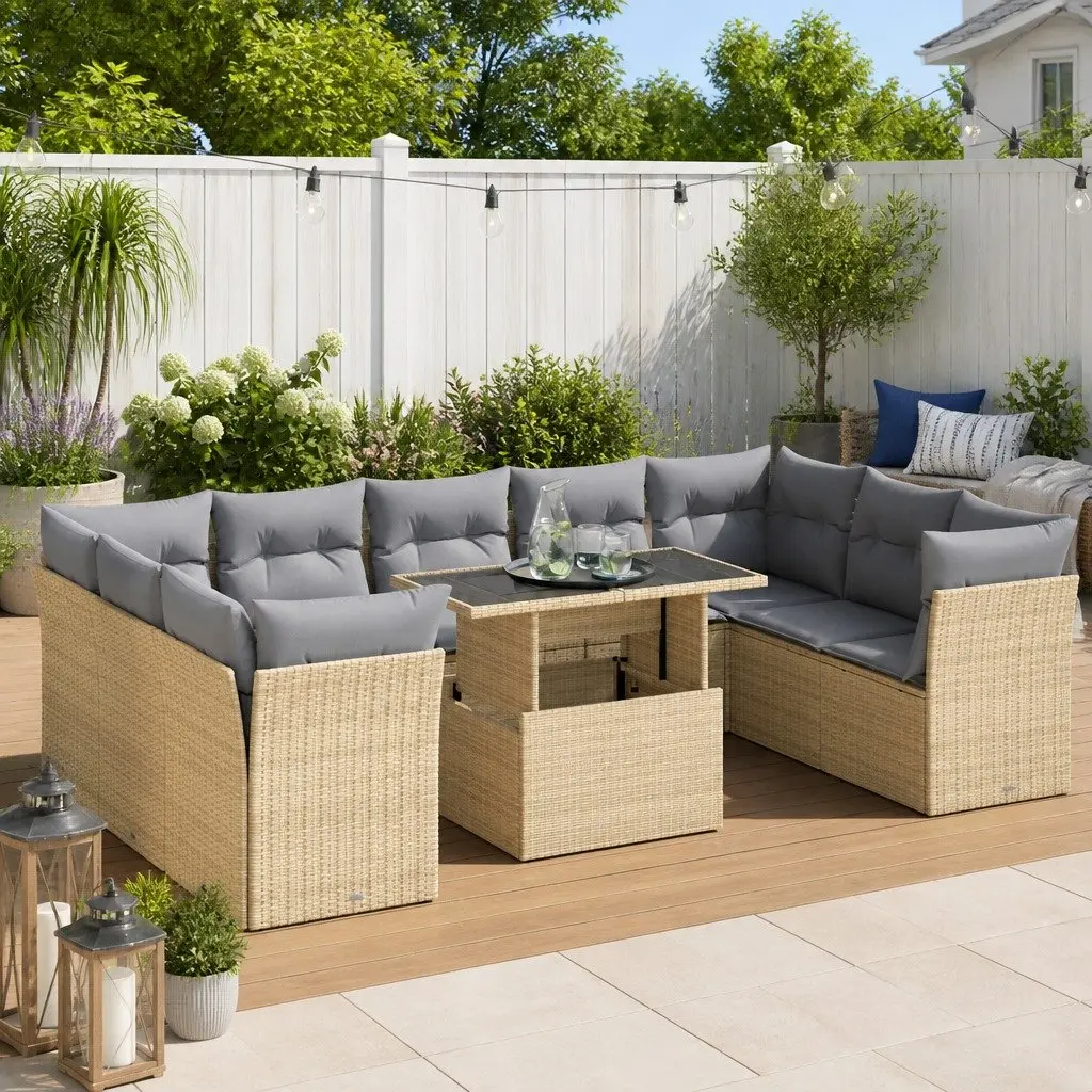 Garden Sofa Set 10 Piece Outdoor Furniture Beige Poly Rattan Patio Seating