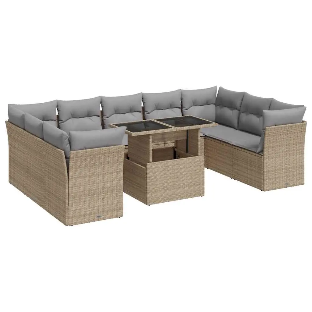 Garden Sofa Set 10 Piece Outdoor Furniture Beige Poly Rattan Patio Seating