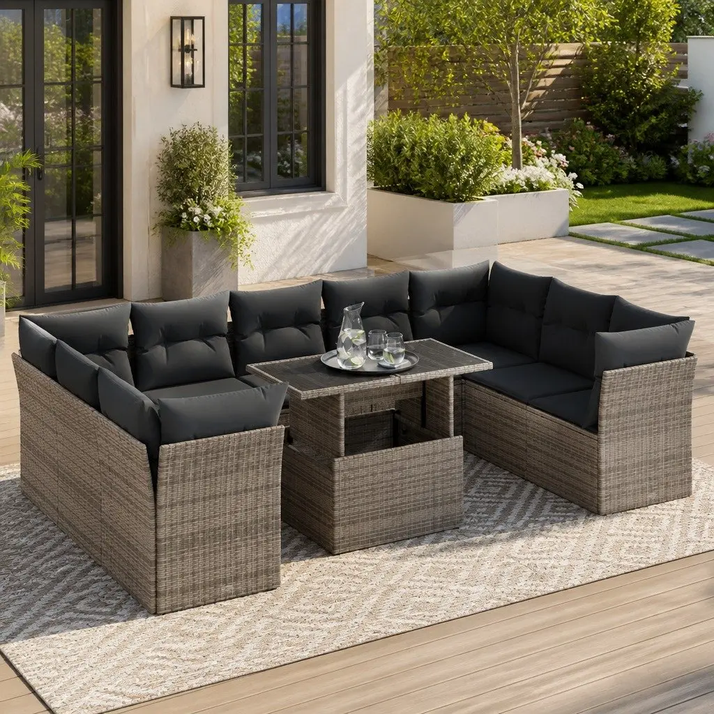 10 Piece Outdoor Furniture Set Grey Poly Rattan Garden Sofa with Storage and Adjustable Tabletop