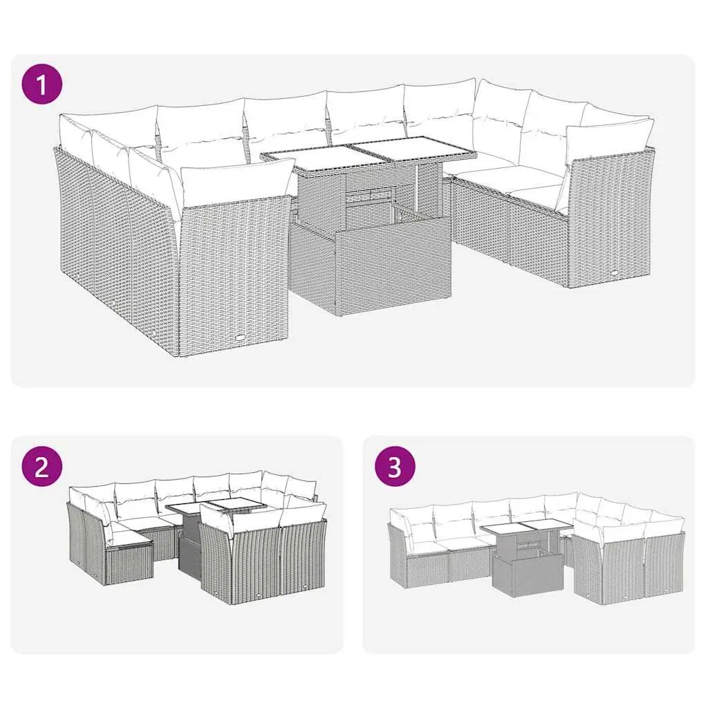 10 Piece Outdoor Furniture Set Grey Poly Rattan Garden Sofa with Storage and Adjustable Tabletop