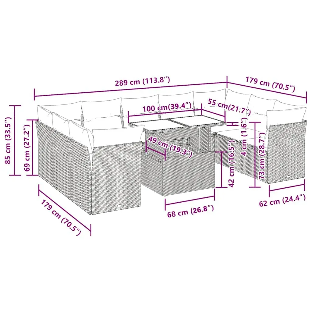 10 Piece Outdoor Furniture Set Grey Poly Rattan Garden Sofa with Storage and Adjustable Tabletop