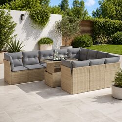 Garden Sofa Set 11 Piece Outdoor Furniture Beige Poly Rattan Patio Seating