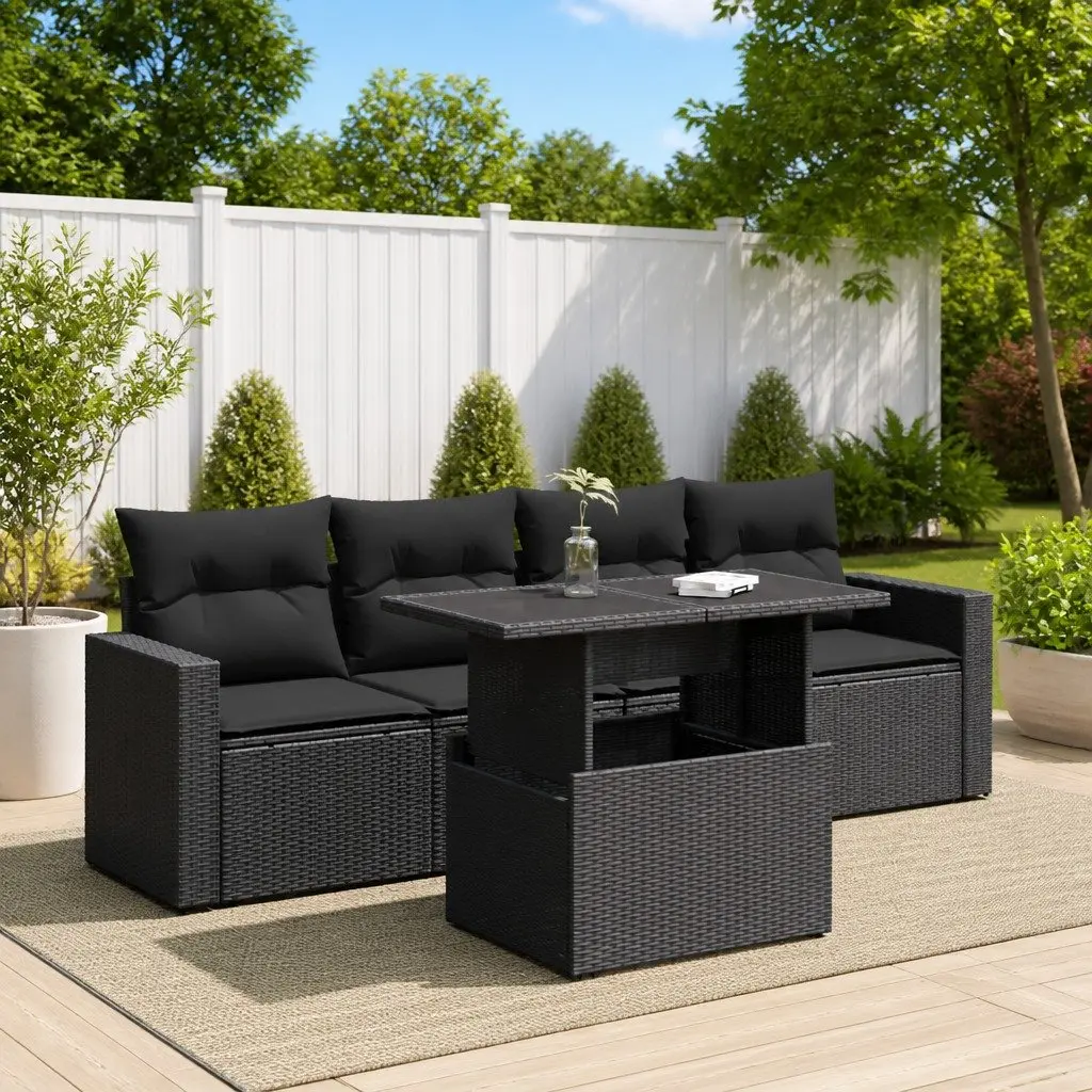 Garden Sofa Set Outdoor Furniture 5 Piece Patio Lounge Black Poly Rattan