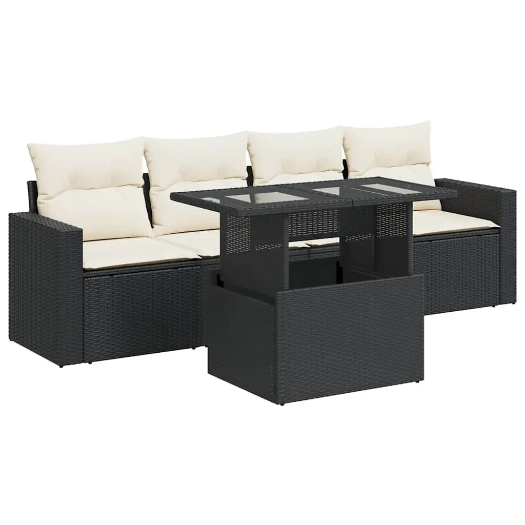 5 Piece Garden Sofa Set Outdoor Furniture Black Poly Rattan Cushions