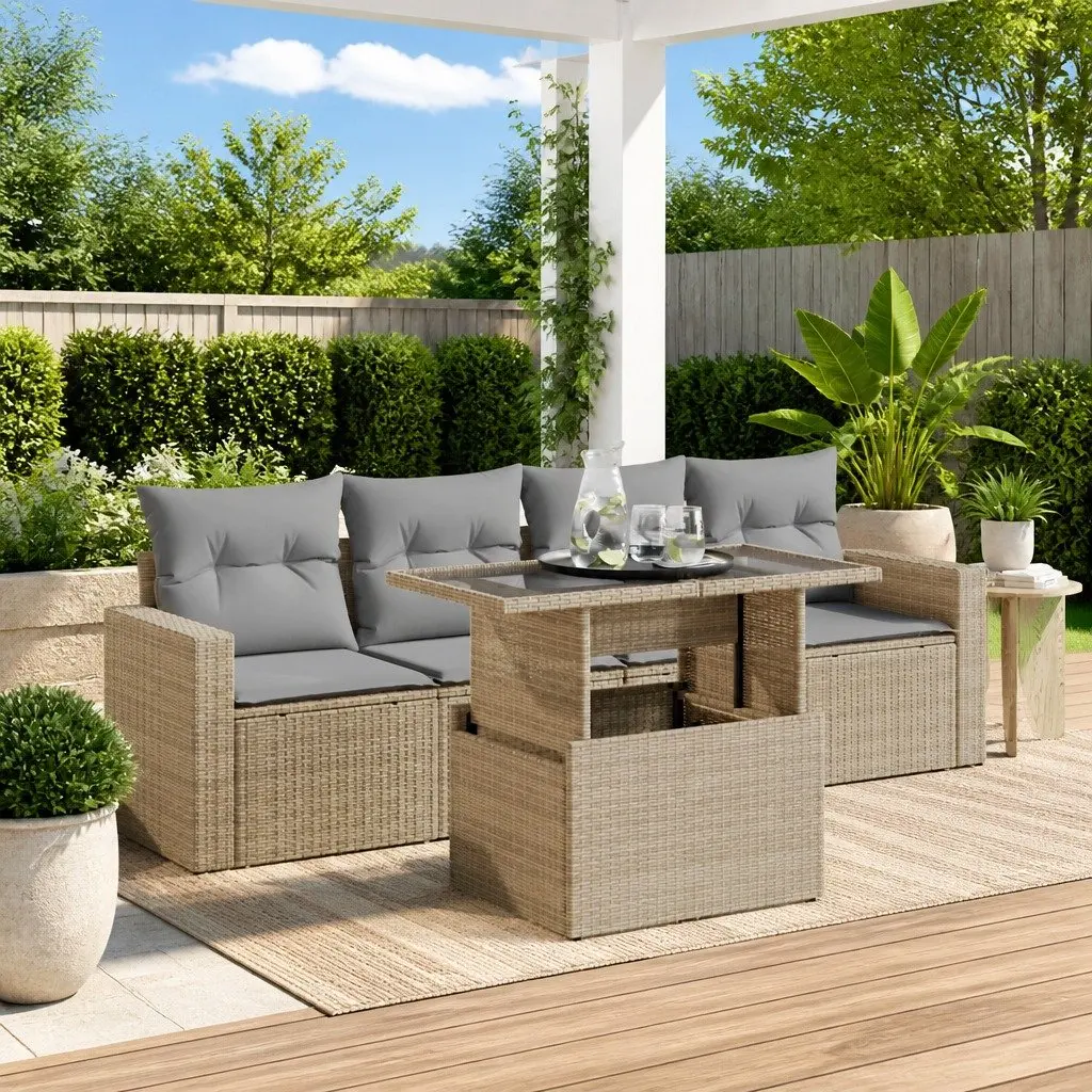 5 Piece Outdoor Garden Sofa Set Beige Poly Rattan Patio Furniture
